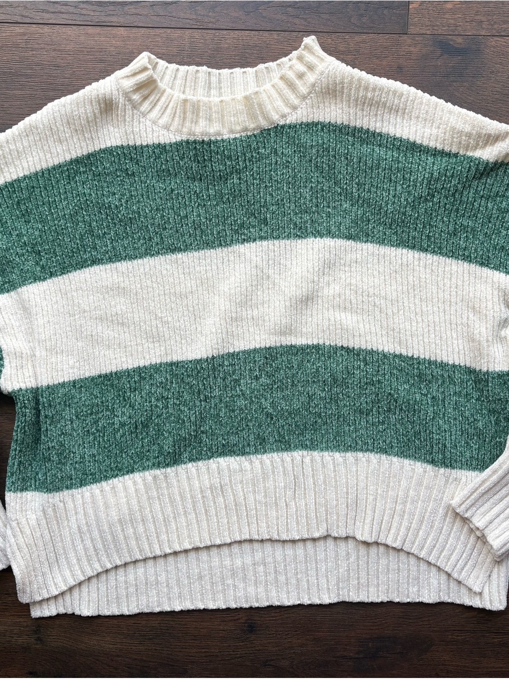 Altar'd State Wide-Stripe Crewneck Sweater in Green and Cream